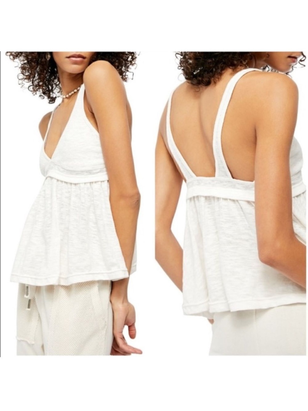 Free People Ribbed Zinia Cream V-Neck Babydoll Tank Top Peplum Camisole Small